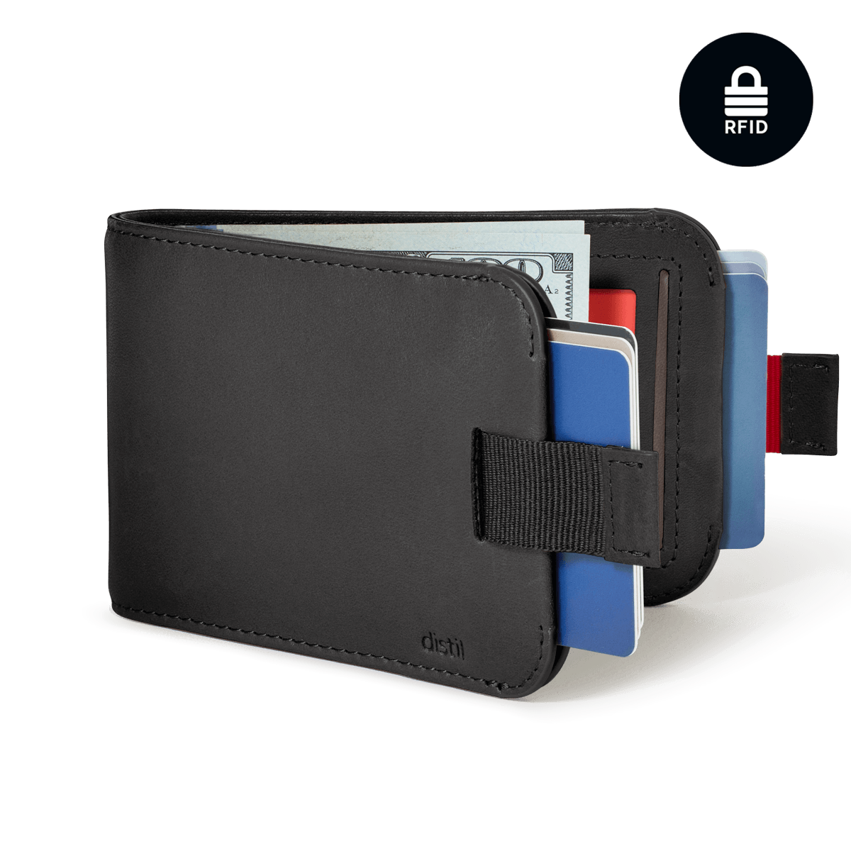 Distil Union Premium Wally Bifold 5.0 with titanium money clip, RFID-shielding and ID window in rich black leather