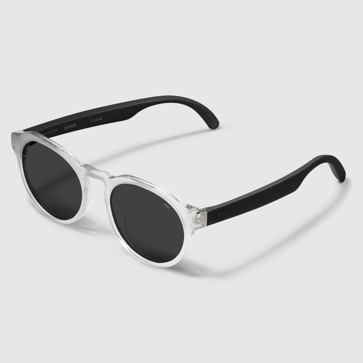 angle view of distil cooper sunglasses with matte crystal frames and polarized lens