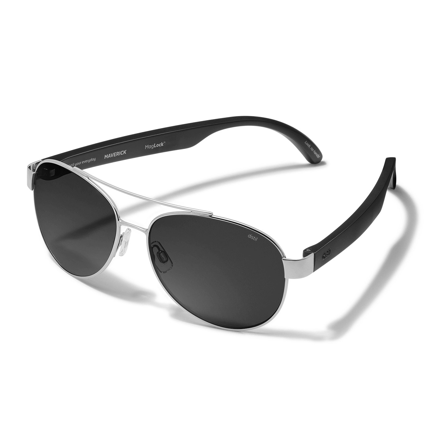 Distil Union Titanium Maverick MagLock Sunglasses in silver with black flex-to-fit arms and gray polarized lenses