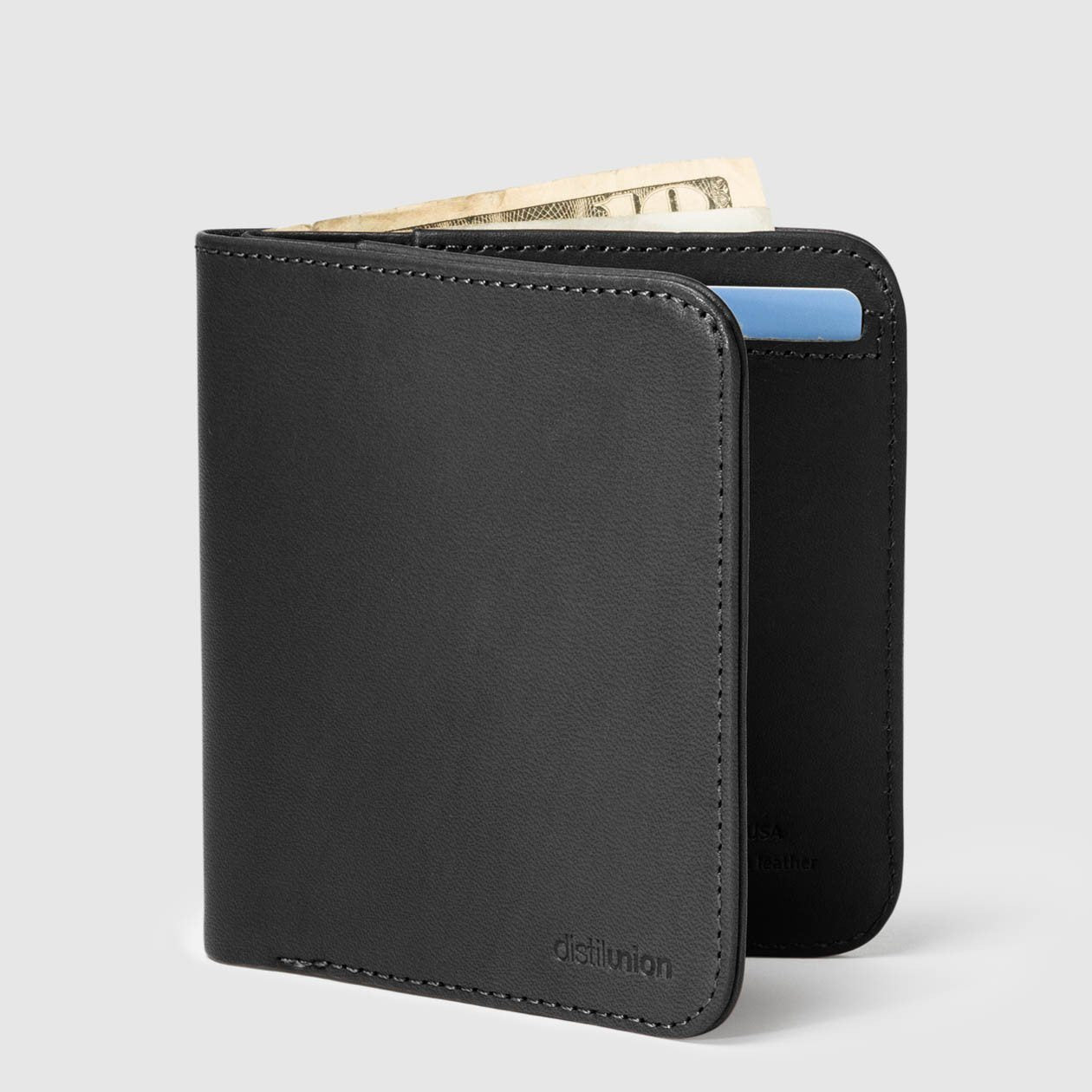 distil wally agent slim billfold wallet in black leather fits international currency and foreign bank notes