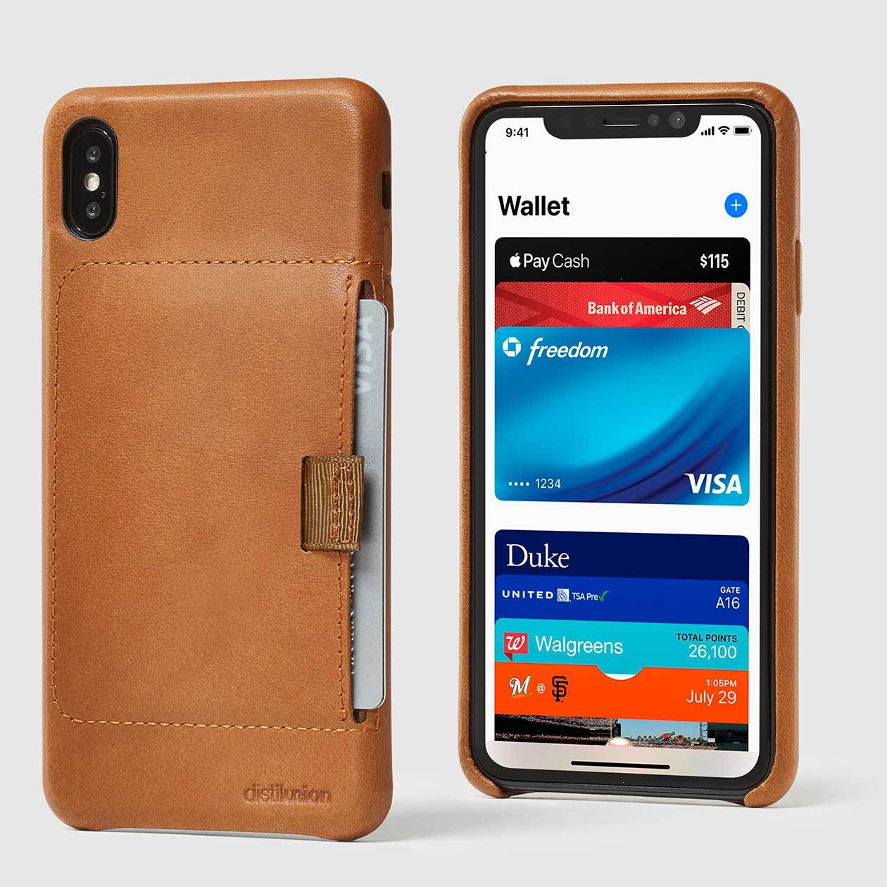 front and back view of tan leather wally XS Max case with pull-tab withdrawing grey card
