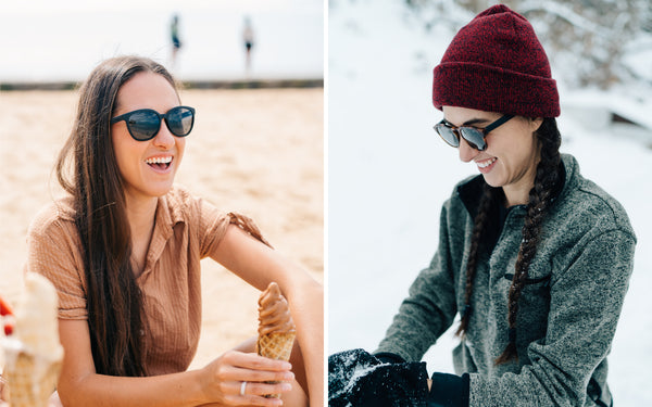 Two photos of a woman wearing polarized sunglasses on the beach in the summer and also in the snowy winter