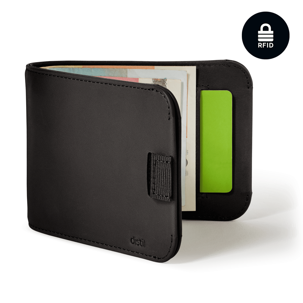 Distil Union Wally CoinFold wallet with Pull-Tab and RFID in Black Leather