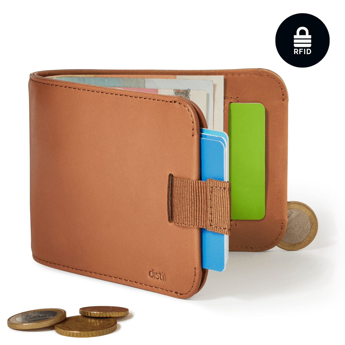 Distil Union Wally CoinFold wallet with Pull-Tab and RFID in Brown Leather