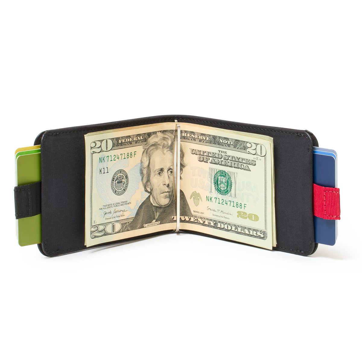 Wally Bifold Classic billfold wallet with pull-tabs shown in black VentureTek nylon fabric with interior stainless steel money clip custom made by Distil Union