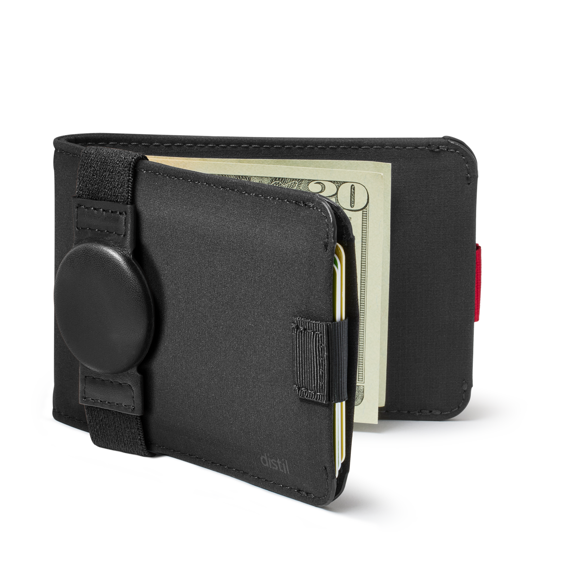 Wally Bifold Classic billfold wallet with pull-tabs shown in black VentureTek nylon fabric with optional Apple AirTag Band
