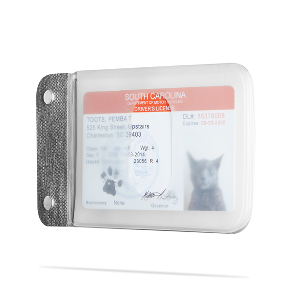 angle shot of distil cardsleeves module with a fake cat id inside a transluscent sleeve