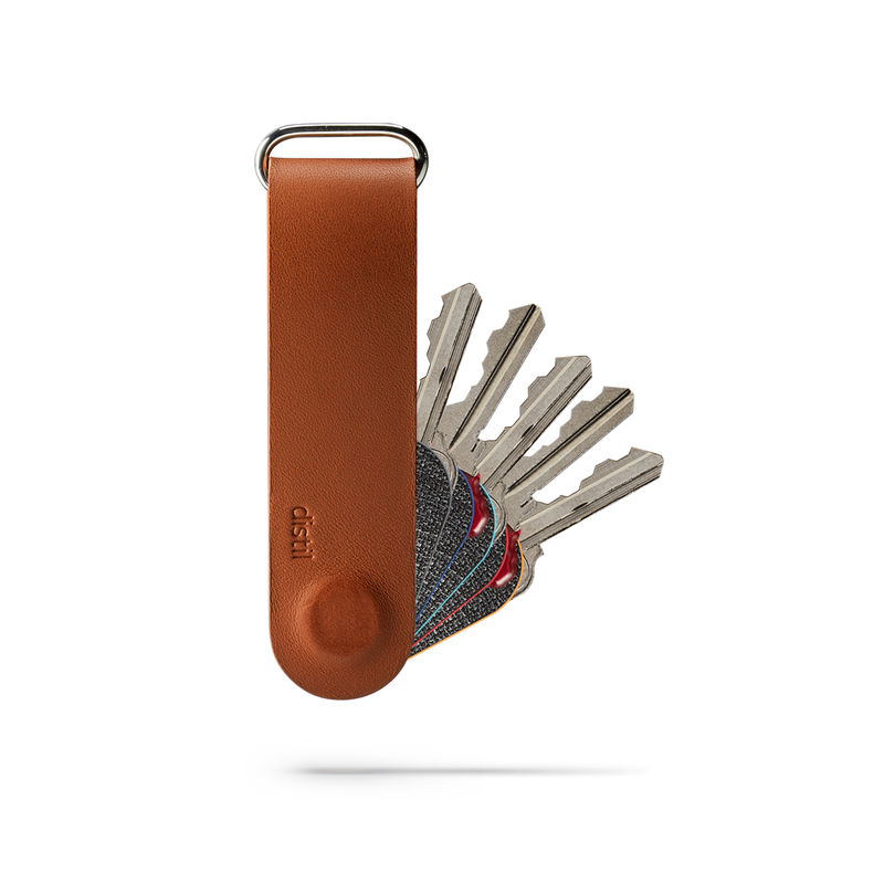 brown leather KeyLoop magnetic key organizer showing 5 keys