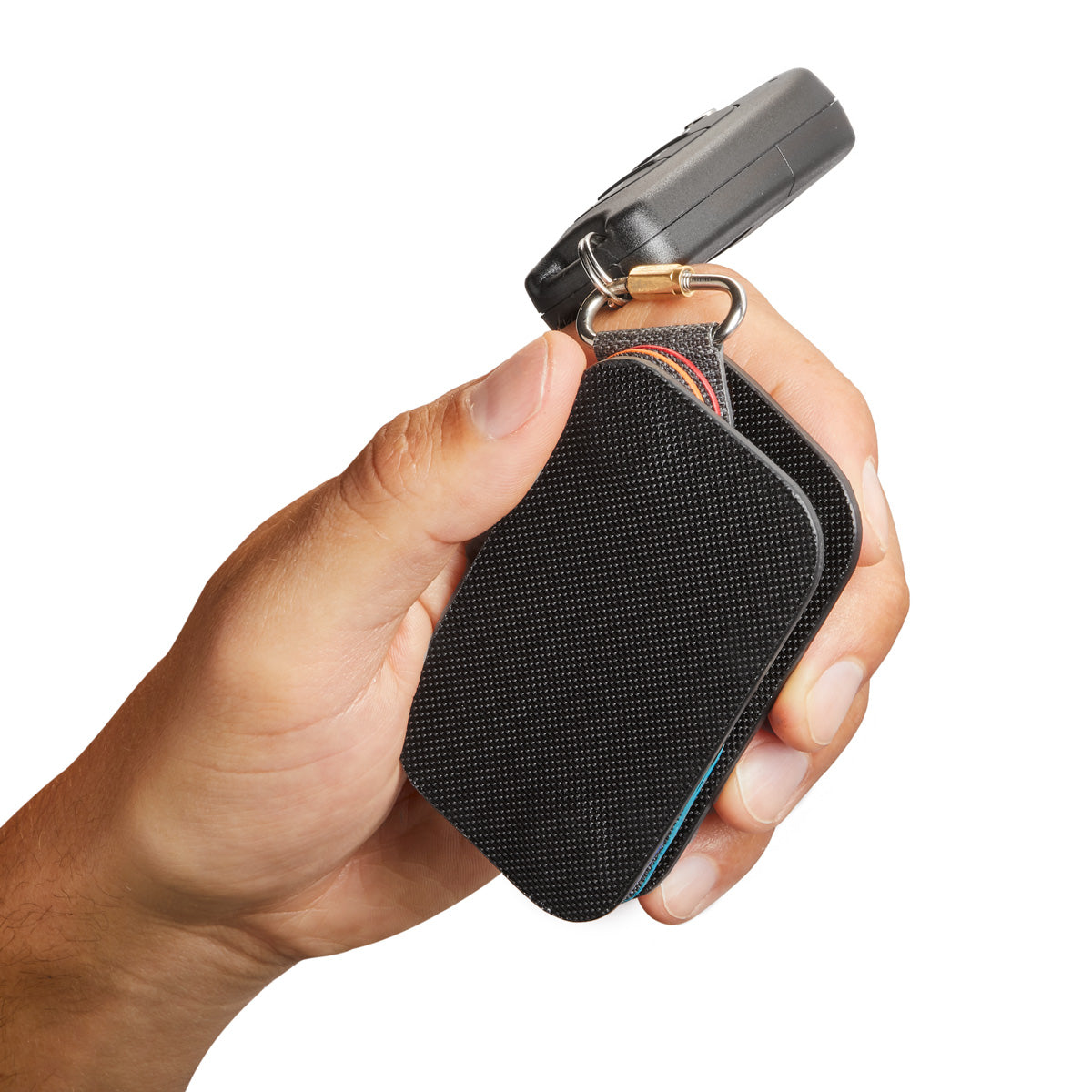 left hand holing distil black nylon keyfolio with car fob attached by keymod fobring