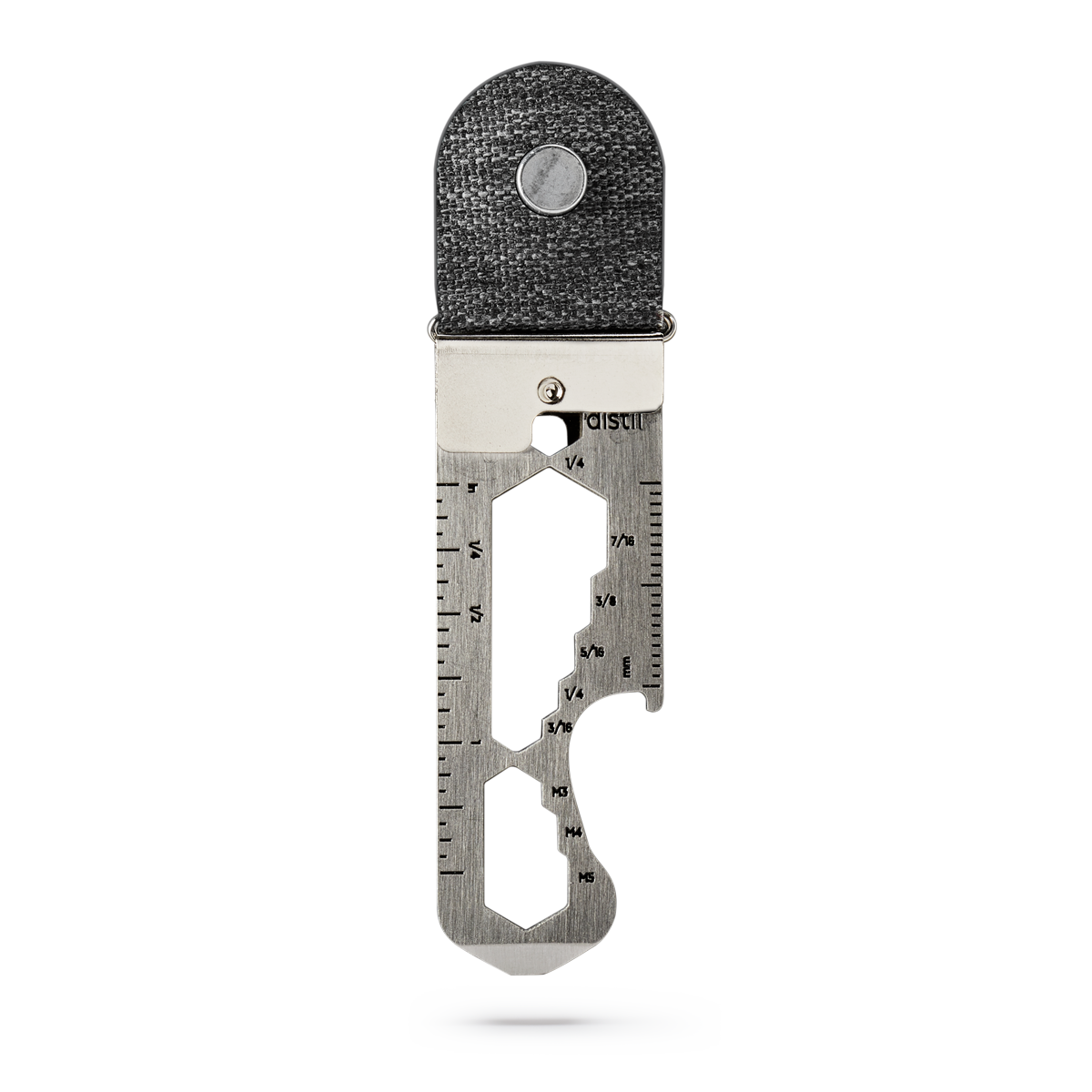 distil keymod multitool with a bottle opener, ruler, and other uses on a white backdrop