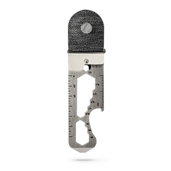 distil keymod multitool with a bottle opener, ruler, and other uses on a white backdrop