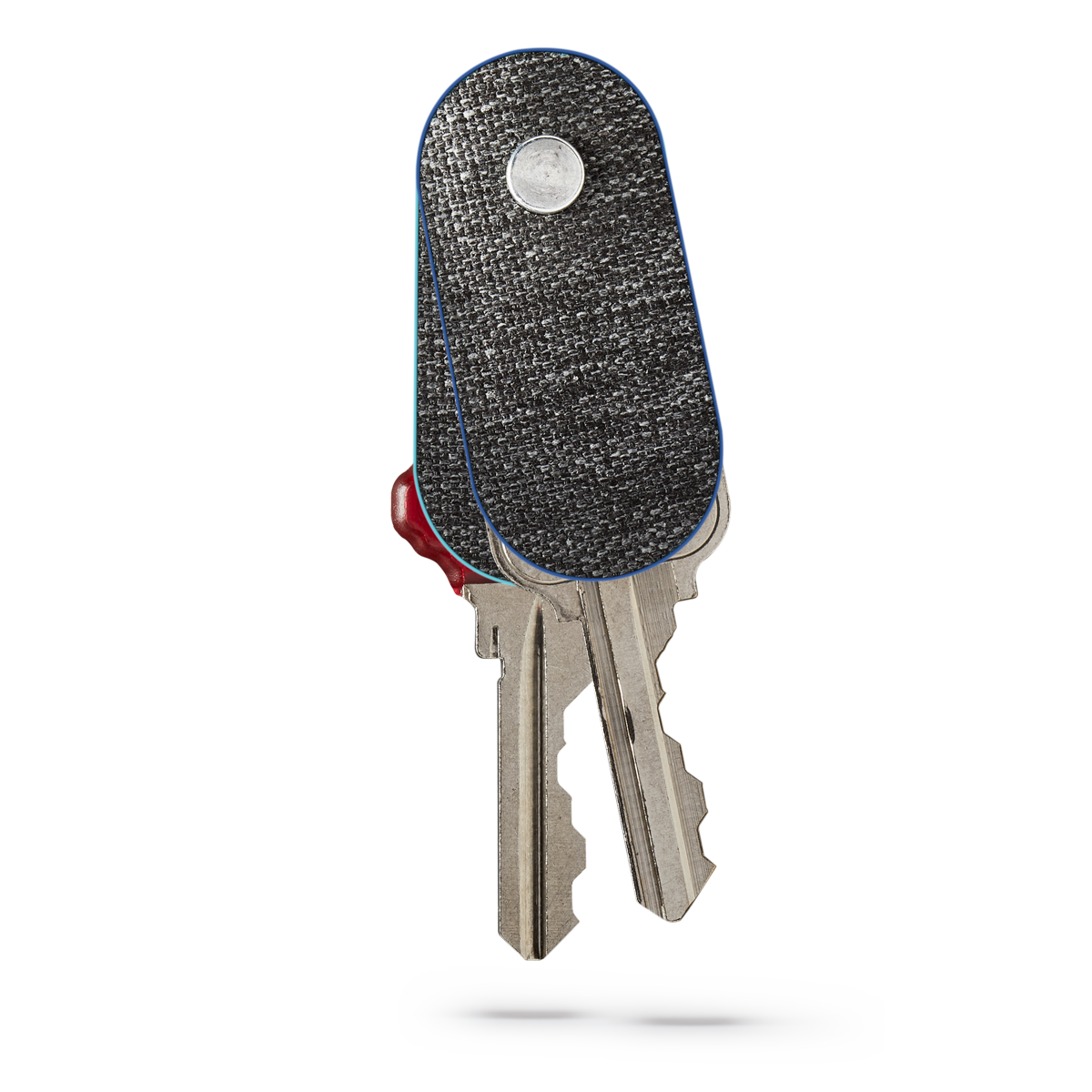 distil keymod stick with blue lining holding two keys on a white backdrop