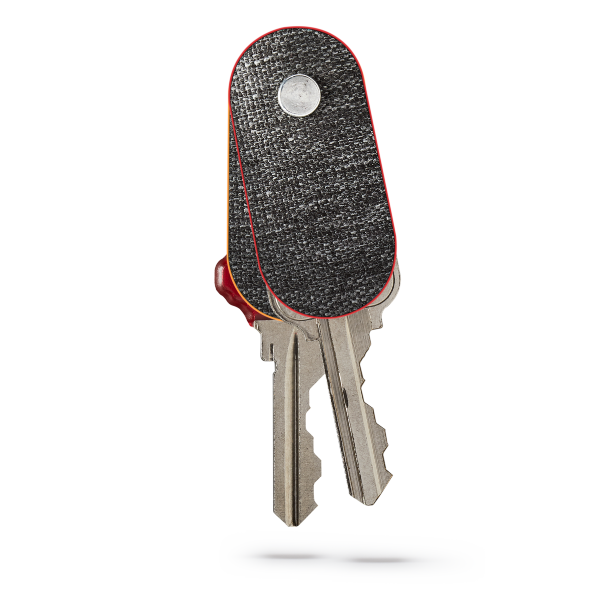 distil keymod stick with red lining holding two keys on a white backdrop