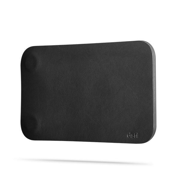 black leather modwallet cover with small distil logo on bottom right corner of cover