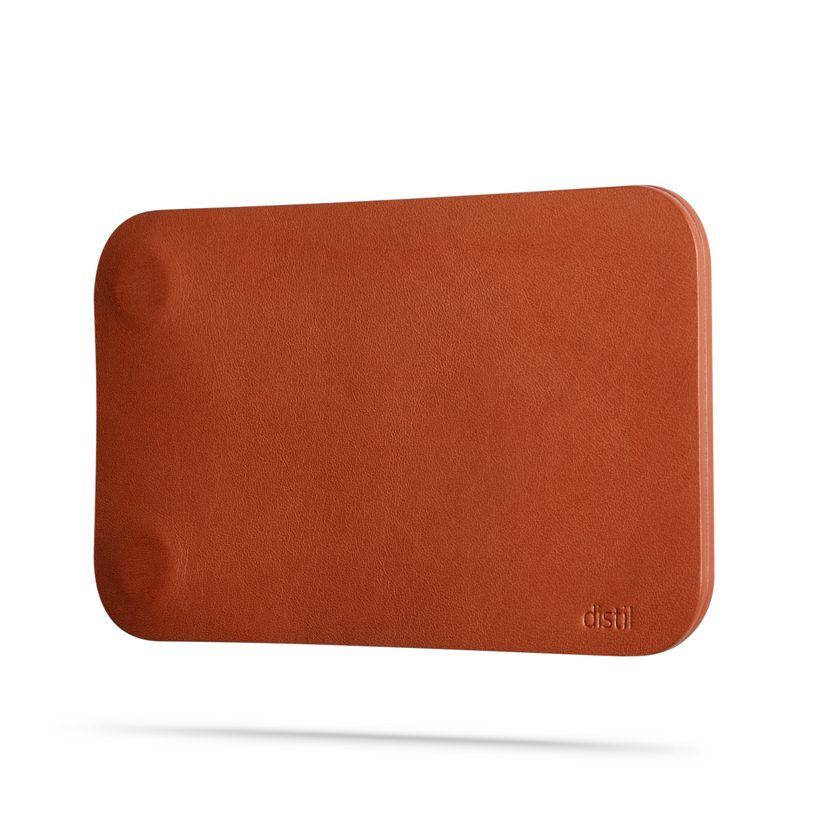 angle view of brown leather modwallet cover with small distil logo on bottom right corner