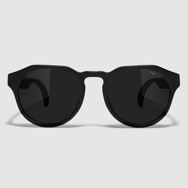 front view of distil cooper sunglasses with matte black frames and polarized lens