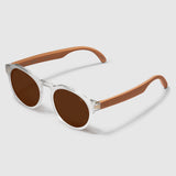 angle view of distil cooper sunglasses with matte crystal frames and amber polarized lens