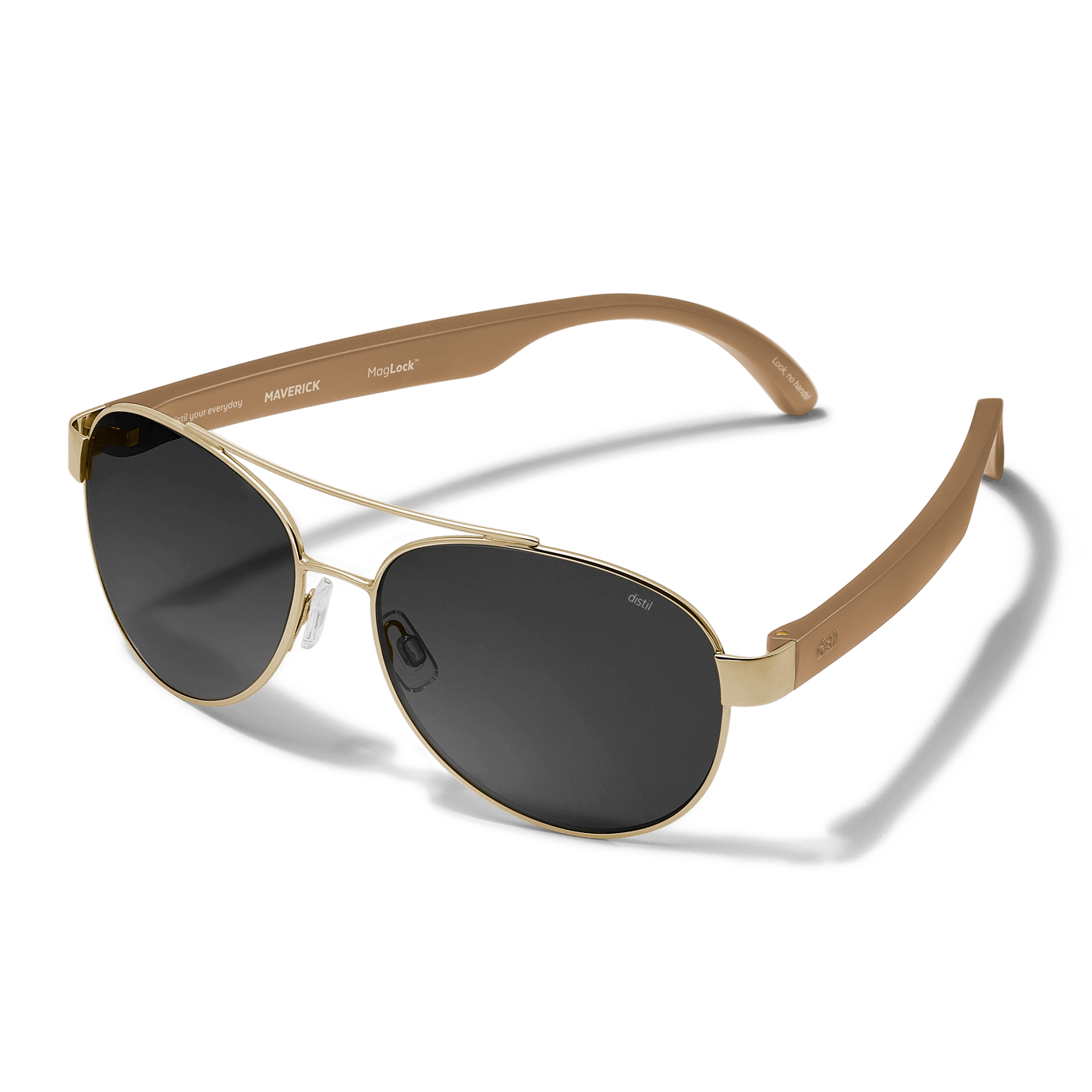 Distil Union Titanium Maverick MagLock Sunglasses in Gold with Sand Tan flex-to-fit arms and gray polarized lenses