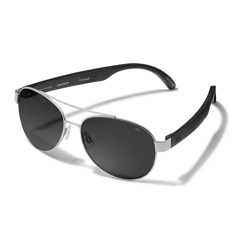 Distil Union Titanium Maverick MagLock Sunglasses in silver with black flex-to-fit arms and gray polarized lenses