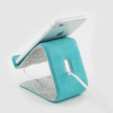 backview iphone on distil phone and tablet stand made of merino wool and turquoise leather