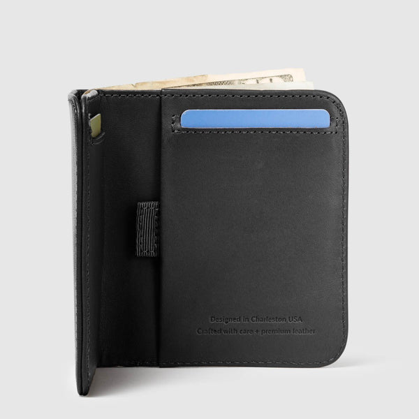 an open distil wally agent slim billfold wallet in black leather fits international currency and foreign bank notes 