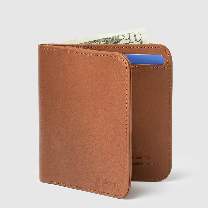 distil wally agent slim billfold wallet in hickory colour on a white backdrop