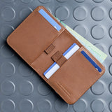opened distil wally agent slim billfold wallet laid flat with cards and money inside wallet