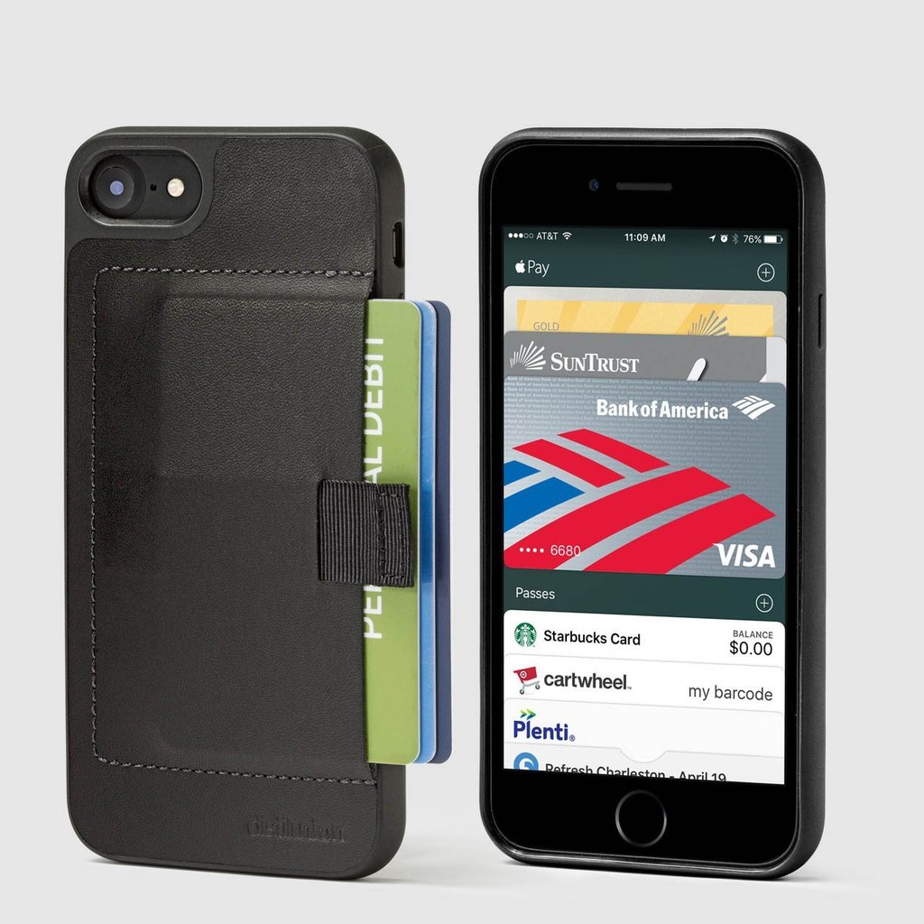 front and back view of distil ink wallet case for the iphone with pull-tab withdrawing cards