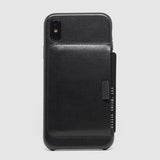 back view of distil black leather wally case for iphone x with protruding black credit card