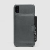 back view of distil slate leather wally case for iphone x with protruding black credit card