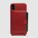 back view of distil red leather wally case for iphone x with protruding black credit card