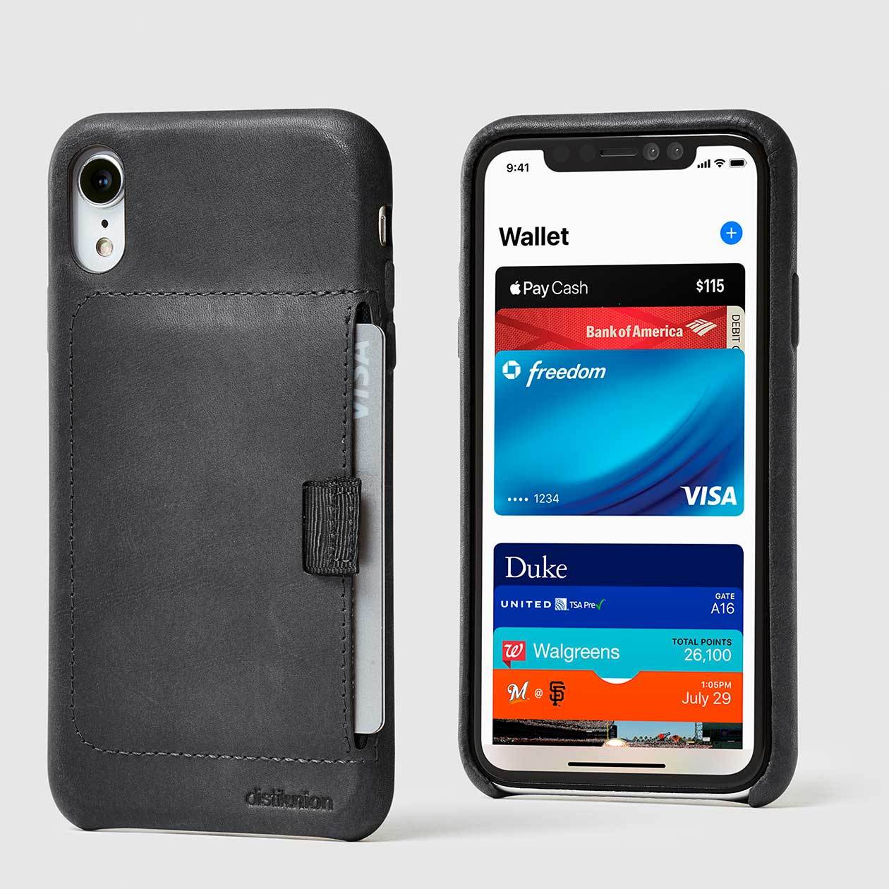 front and back view of black leather wally XR case with pull-tab pulling out grey card