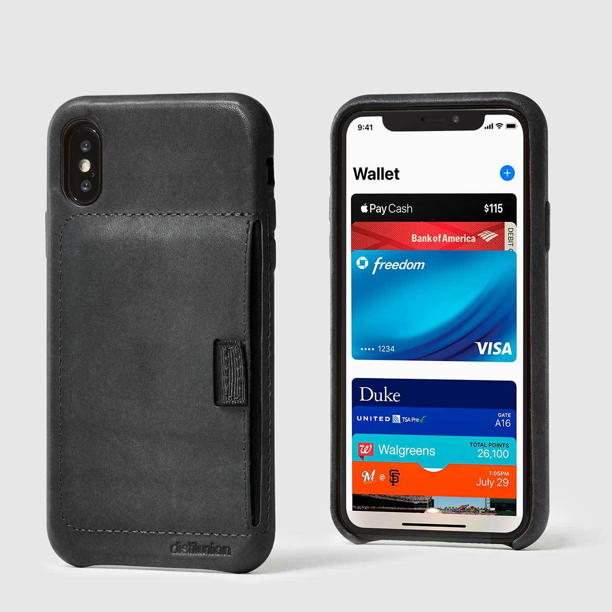 front and back view of iphone x/xs black leather wally case with black pull-tab