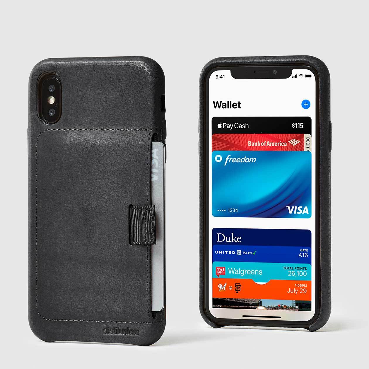 front and back view of black leather wally case x with pull-tab pulling out grey card