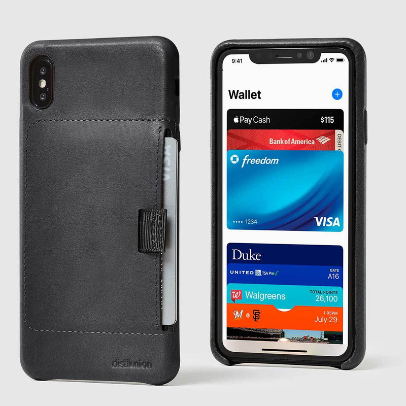 front and back view of black leather wally XS Max case with pull-tab withdrawing grey card