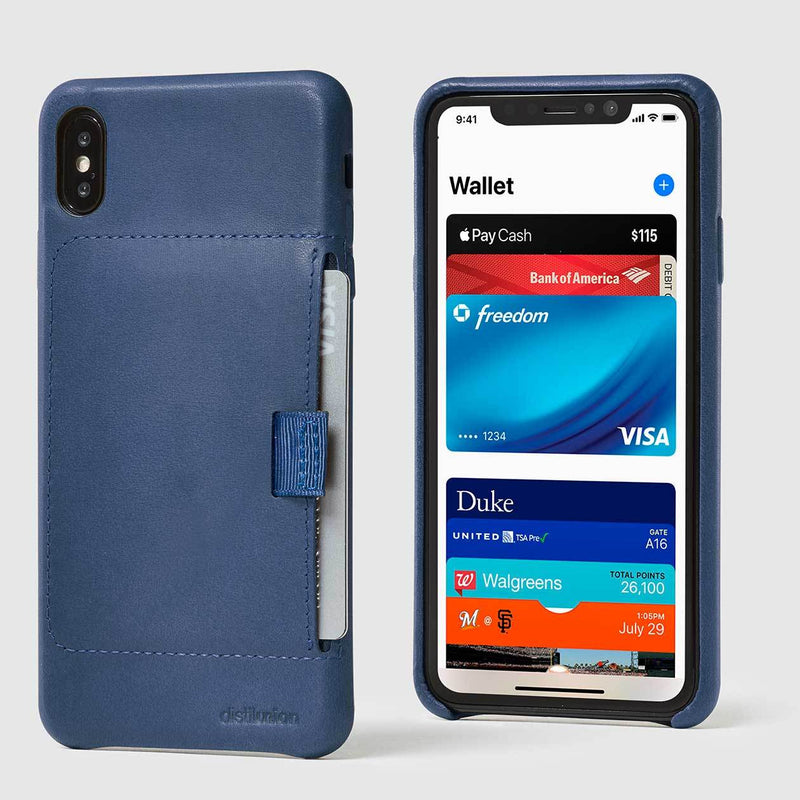front and back view of marine leather wally XS Max case with pull-tab withdrawing grey card