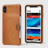 front and back view of tan leather wally XS Max case with pull-tab withdrawing grey card