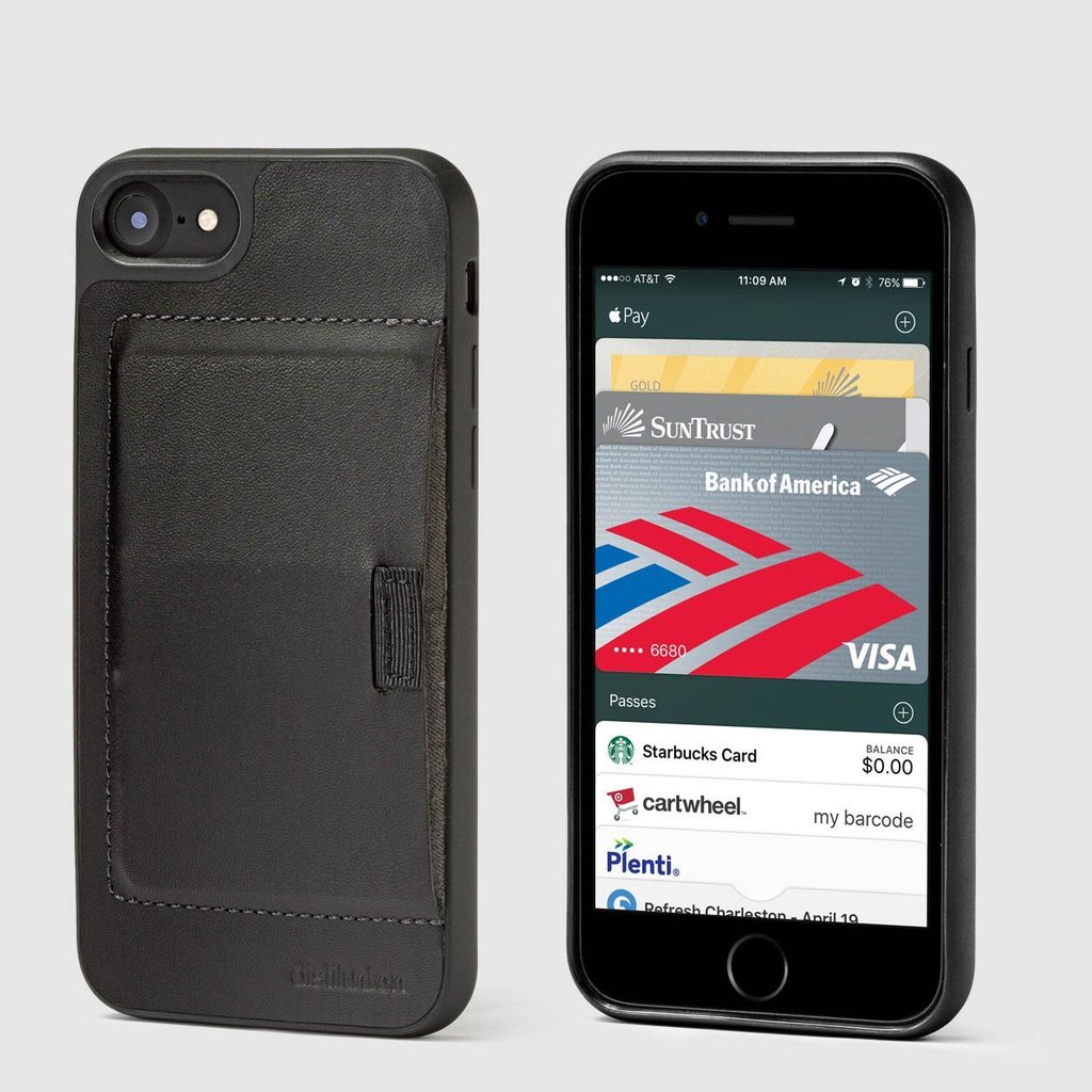 front and back view of distil ink wally case for the iphone featuring pull-tab