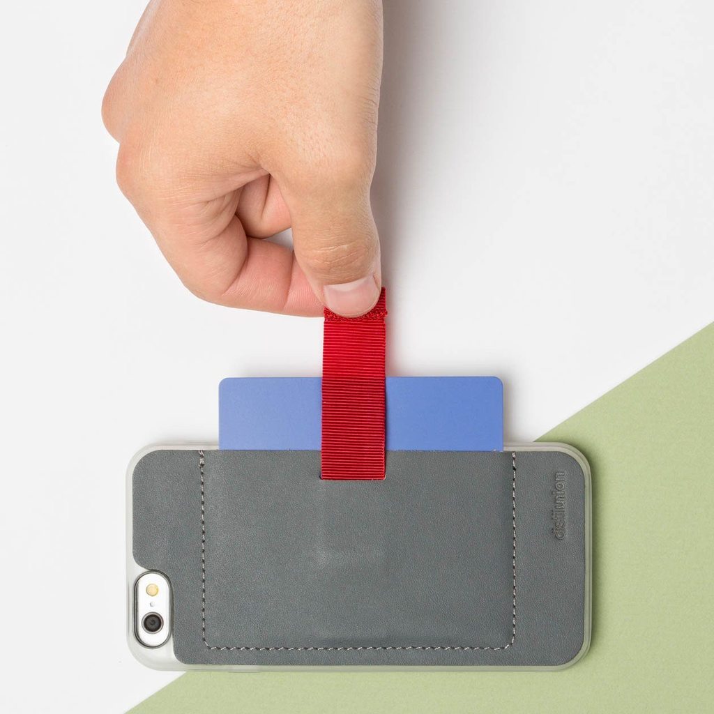 right hand using red pull-tab to extract a card from a wally stick-on case iphone 6/6s