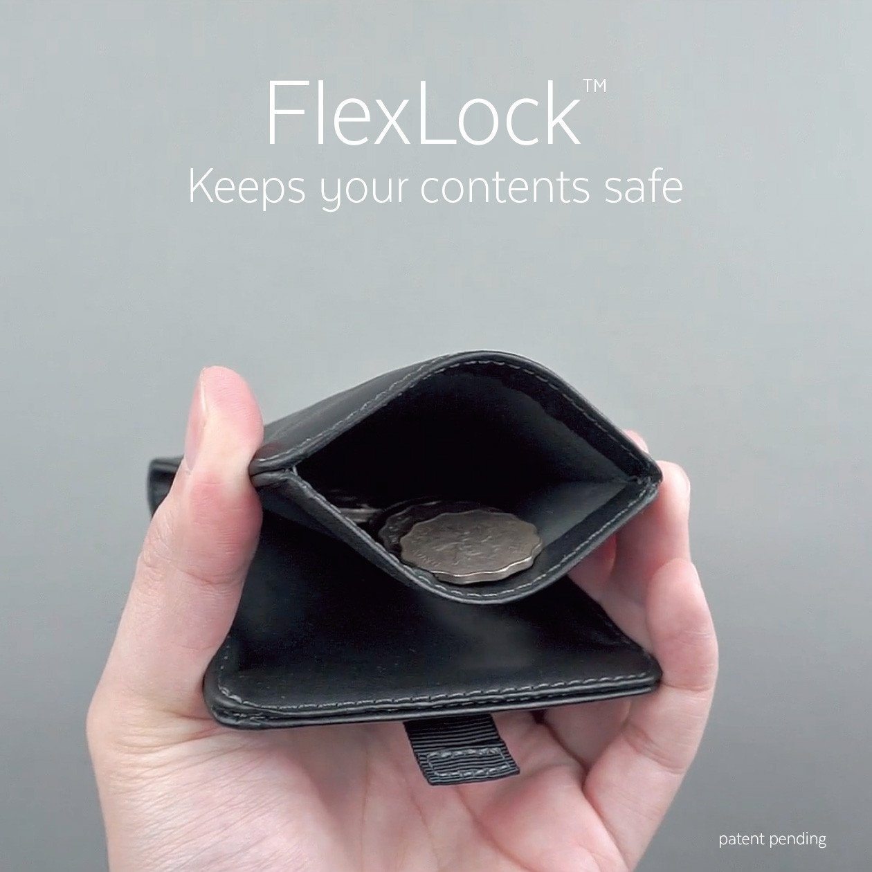 featuring flexlock with a hand pinching a wallet coin pocket open