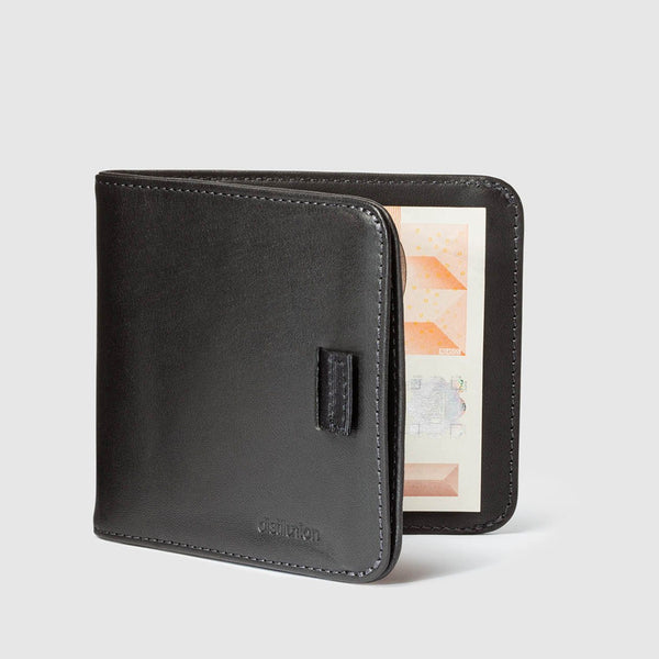 distil black leather bifold travel wallet half open with pull-tab