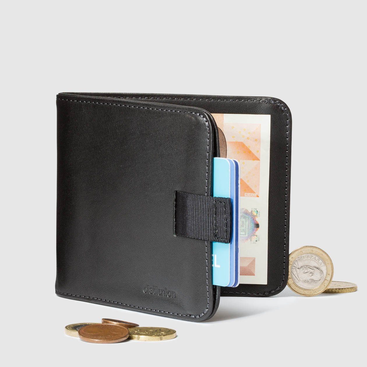 coins around distil black leather bifold travel wallet half open with pull-tab