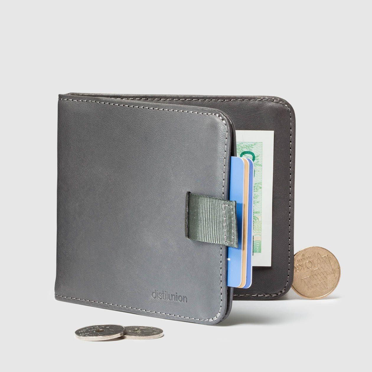 coins around distil hickory slate grey bifold travel wallet half open with pull-tab
