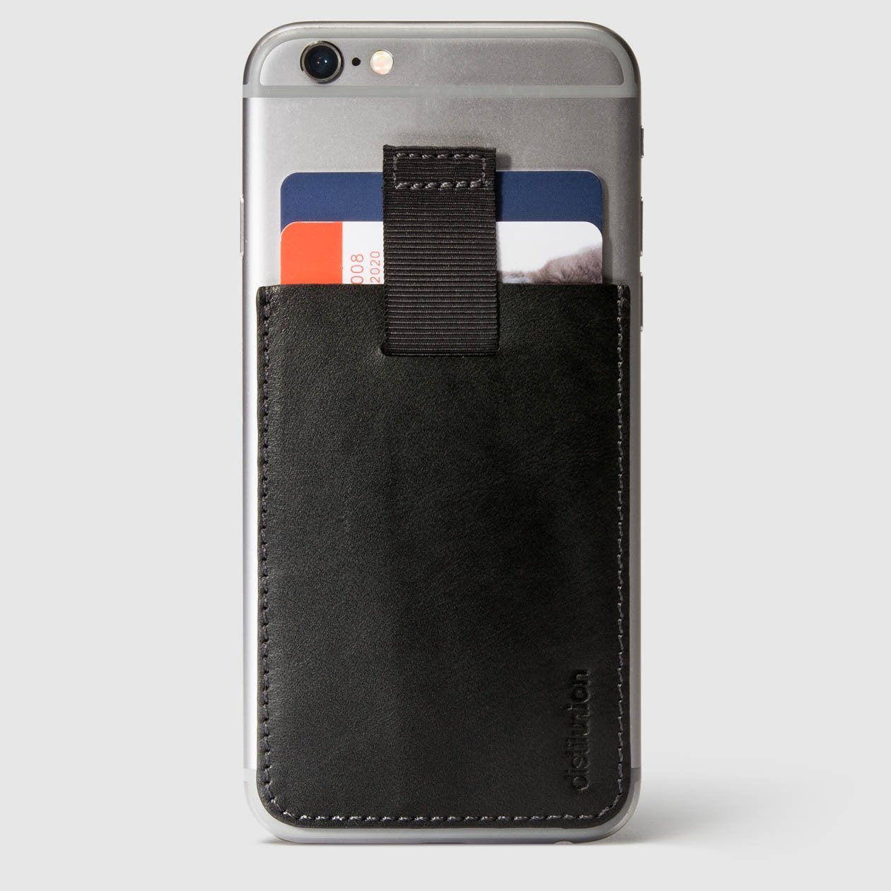 black leather wally junior stick-on attached to iphone with a pull-tab withdrawing cards