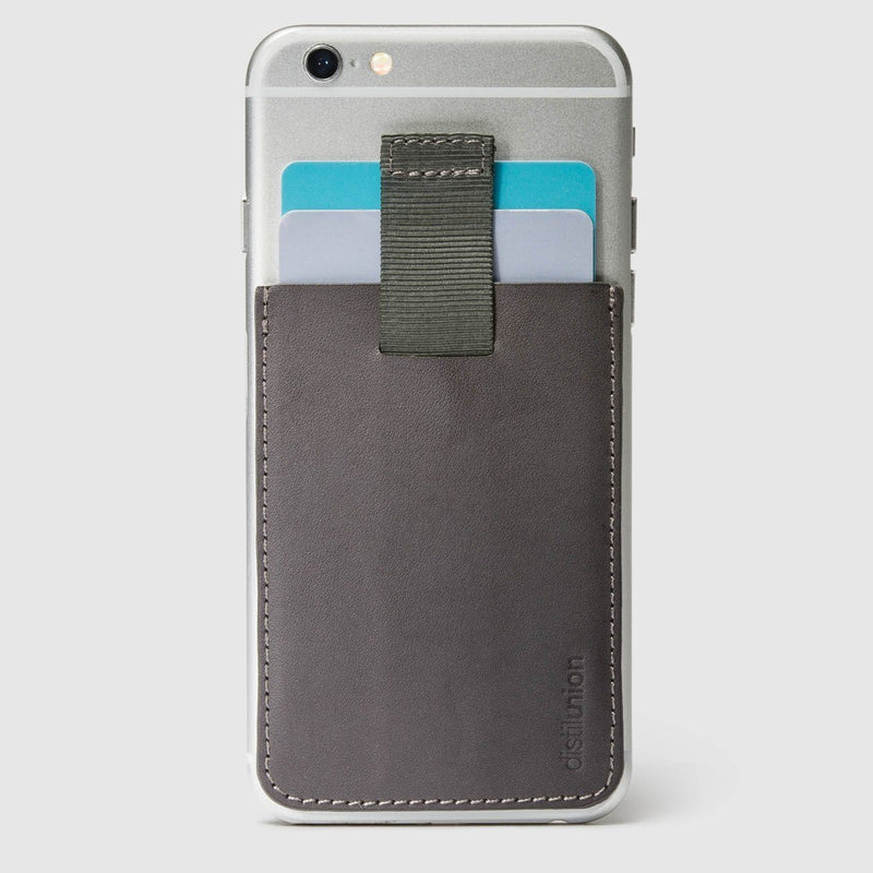 slate leather wally junior stick-on attached to iphone with a pull-tab withdrawing cards