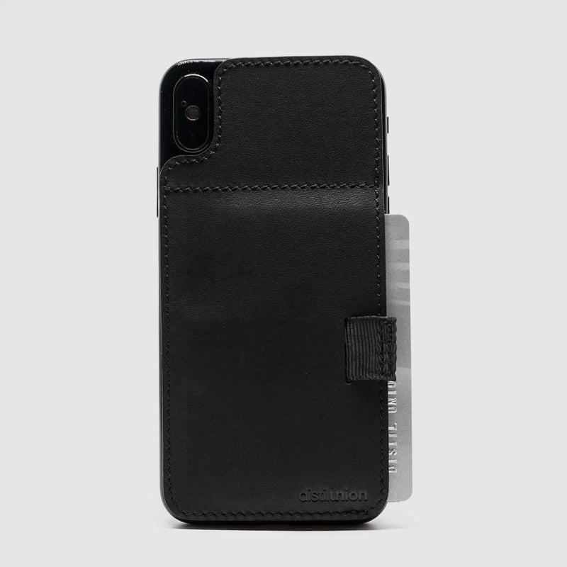 iphone x/xs wally stick-on made of black leather with black pull-tab withdrawing cards