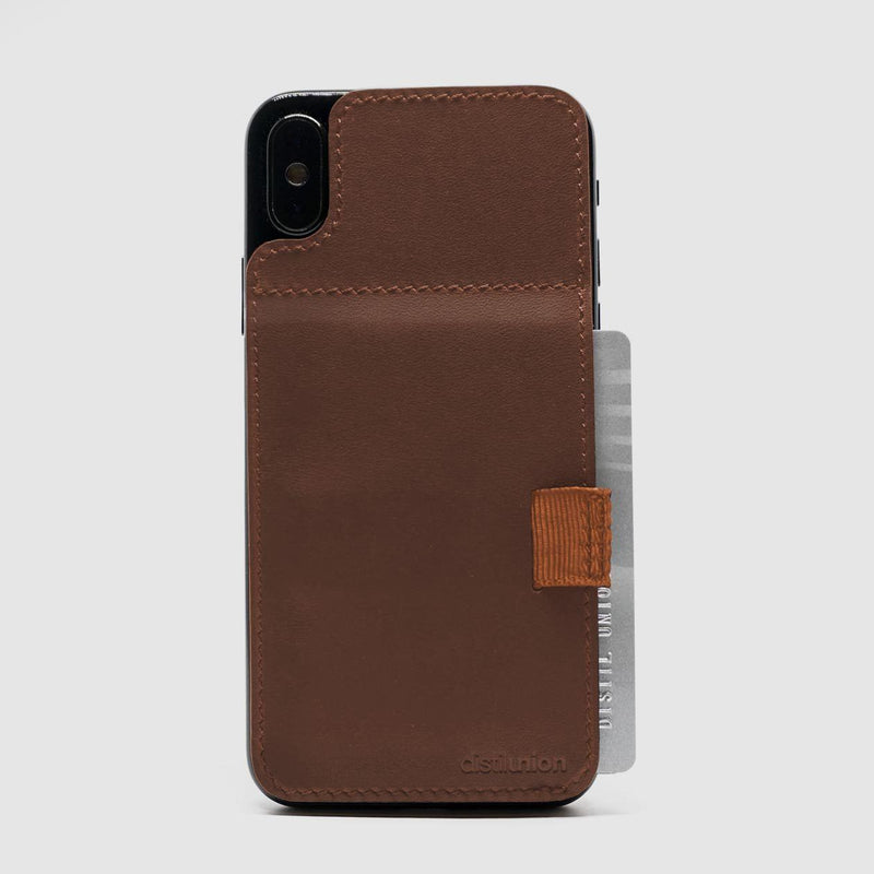 iphone x/xs wally stick-on made of brown leather with brown pull-tab withdrawing cards