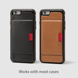 side by side wally stick-on in black and brown leather attached to iphone cases